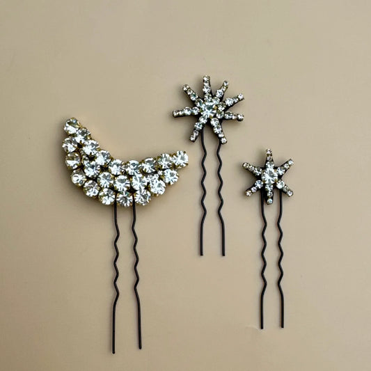 Moon & Star Rhinestone Bun Pin Set – Stardust Dreams Hair Jewelry