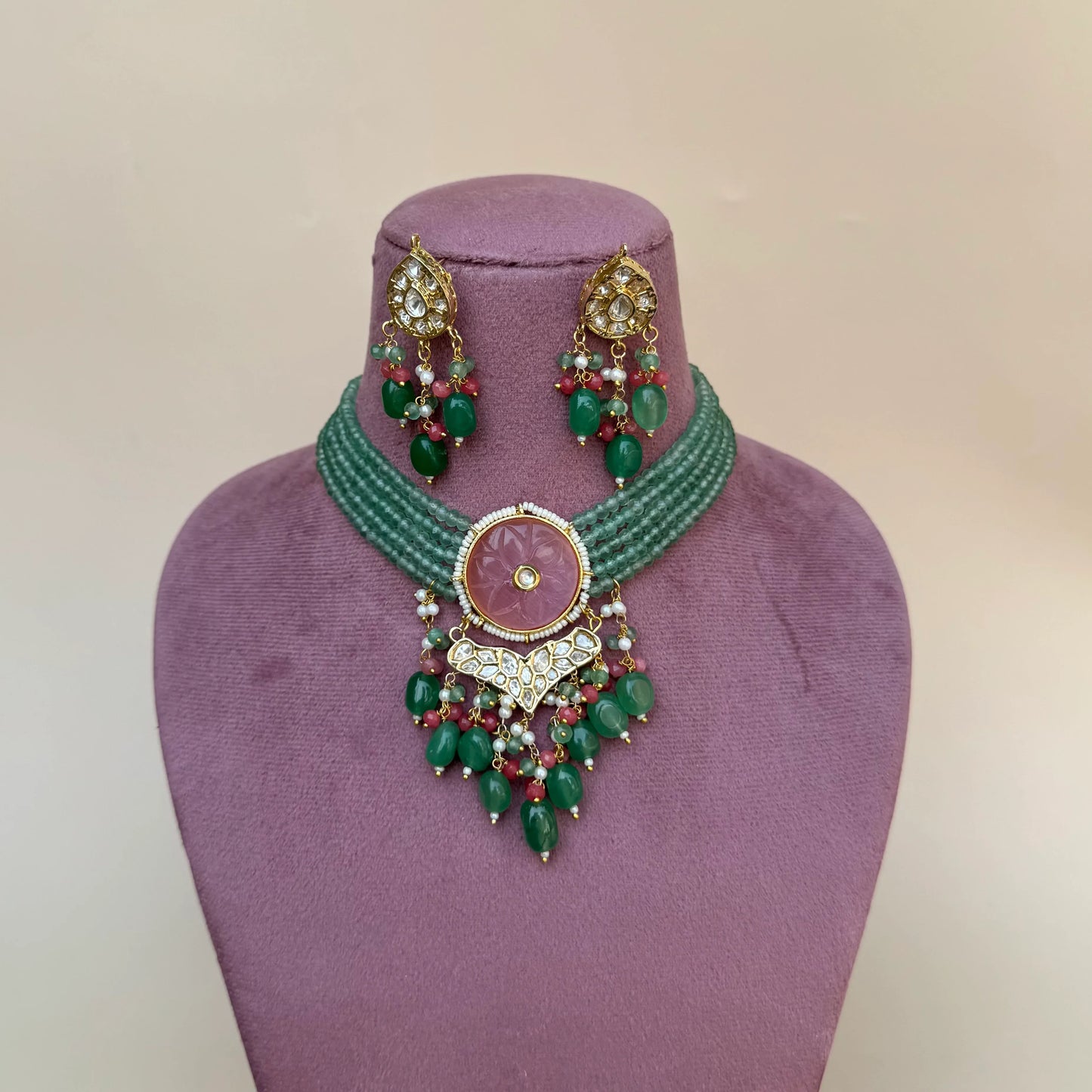 Green Beaded Gold-Plated Kundan Choker Necklace Set with Pink Centerpiece
