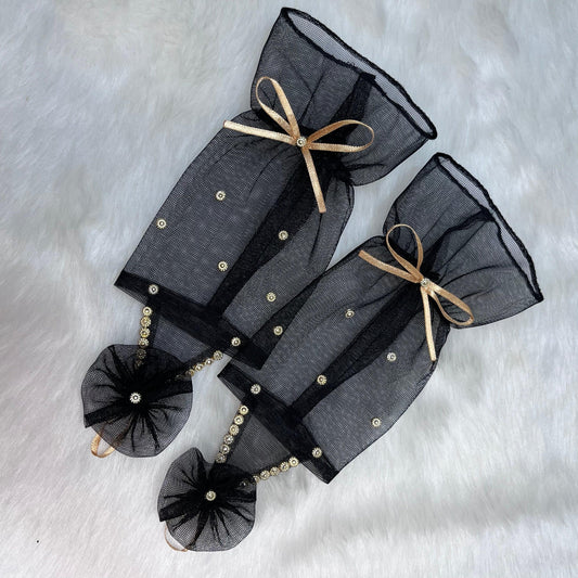 Black Princess Gloves with Light Golden Pearls