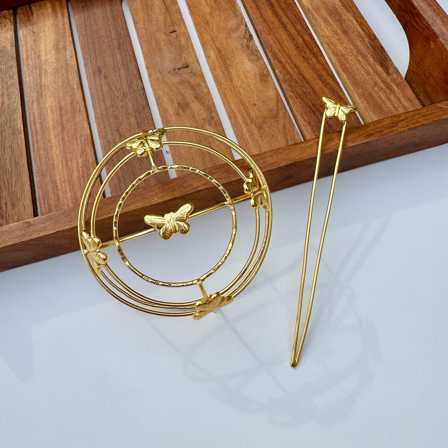 Brass Butterfly Bun Cage Hair Accessory – Elegant Gold Bun Holder