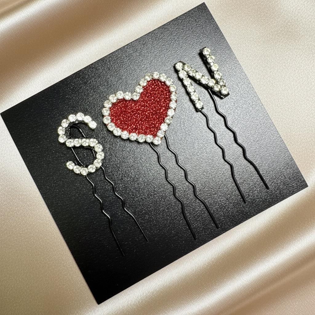 Custom Name Initials with Heart Hair Pin Set