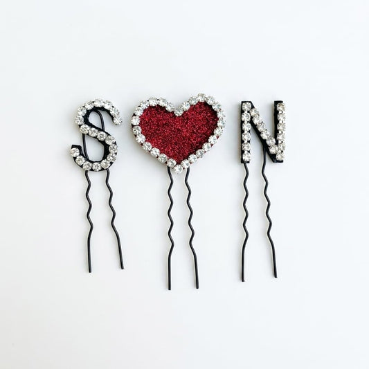 Custom Name Initials with Heart Hair Pin Set