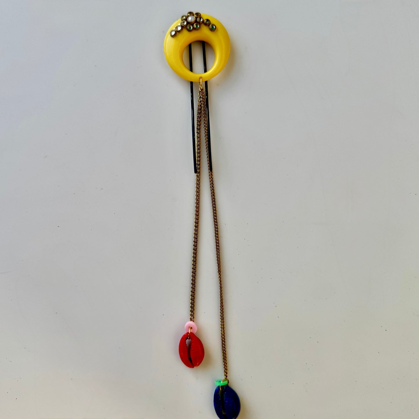 Dangling Cowrie Shell Yellow Hair Pin - Wedding Guest Hair Style