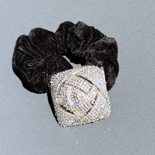 Black Velvet Scrunchie with Luxe Crystal Brooch