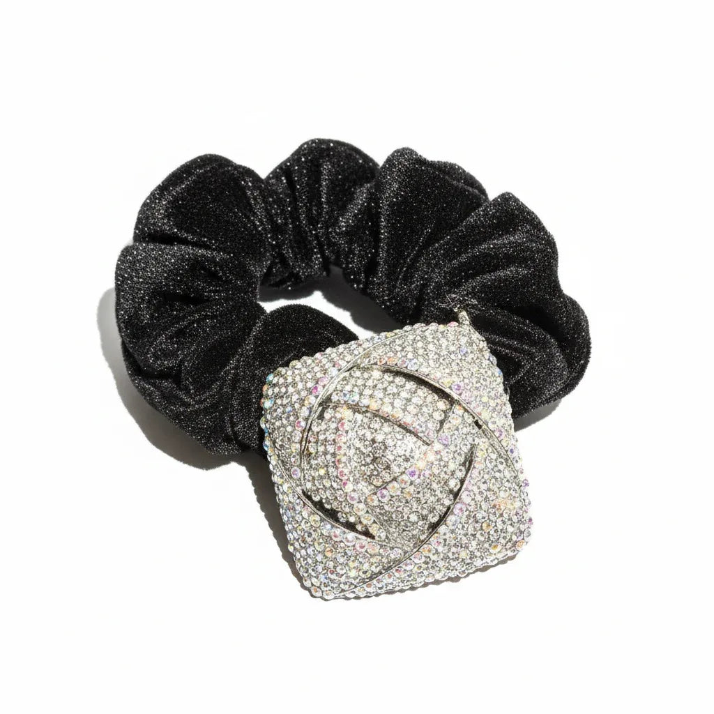 Black Velvet Scrunchie with Luxe Crystal Brooch