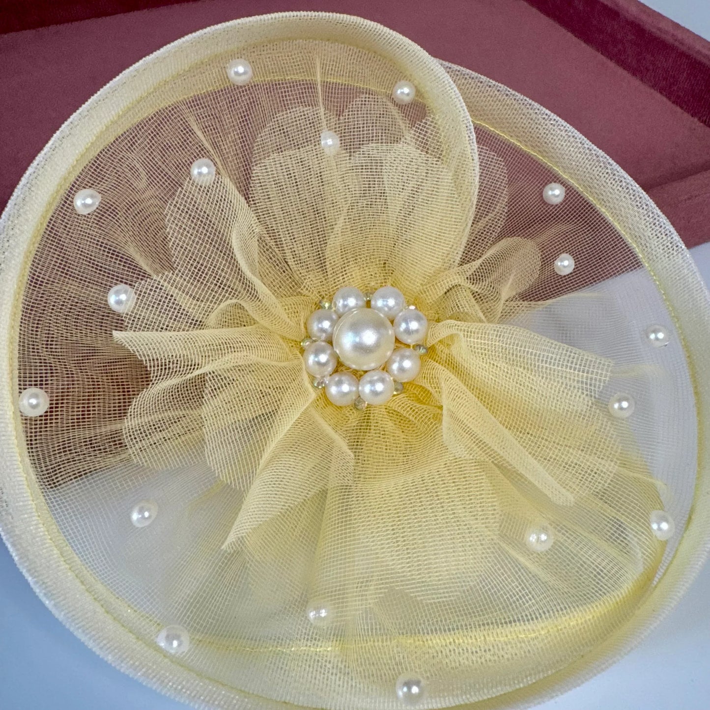 Pastel Yellow Bloom Twisted Fascinator Hat with Pearls