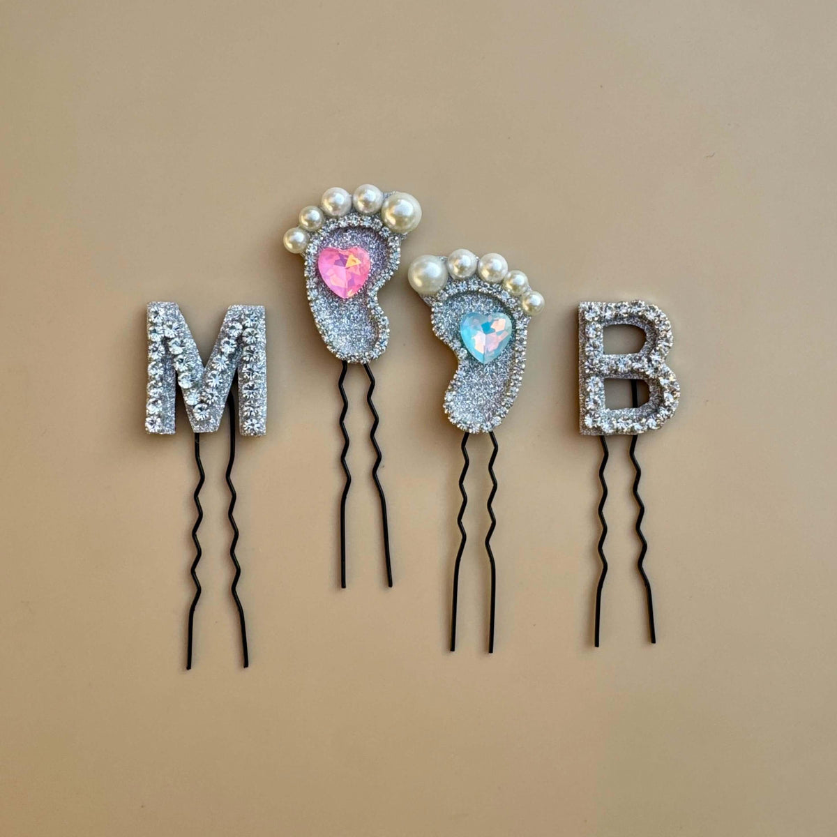 Custom Couple Luxe Initial Hair Pin Set with baby feet