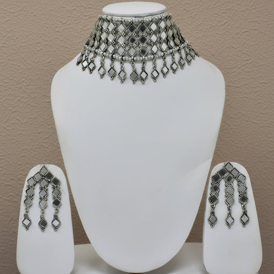 Oxidized Silver-Plated Mirror Studded Choker Jewelry set