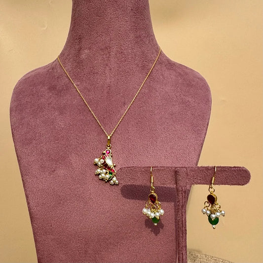 Morni Pendant Golden Necklace & Earrings Set - Pink, Green