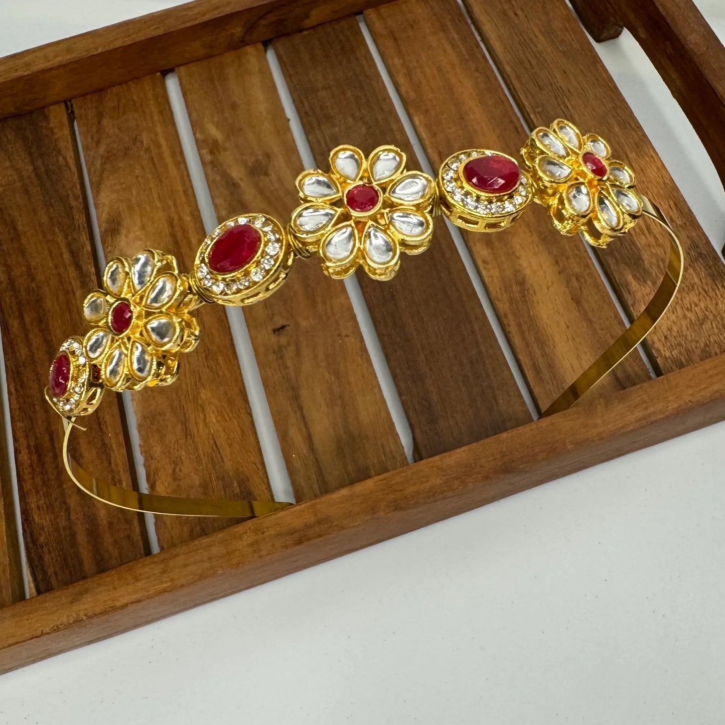 Golden Polki Ruby Kundan Flower Hairband