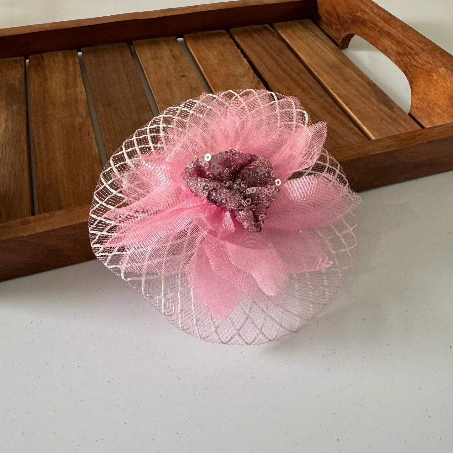 Blush Pink Sequin Bloom Hair Fascinator Half Hat