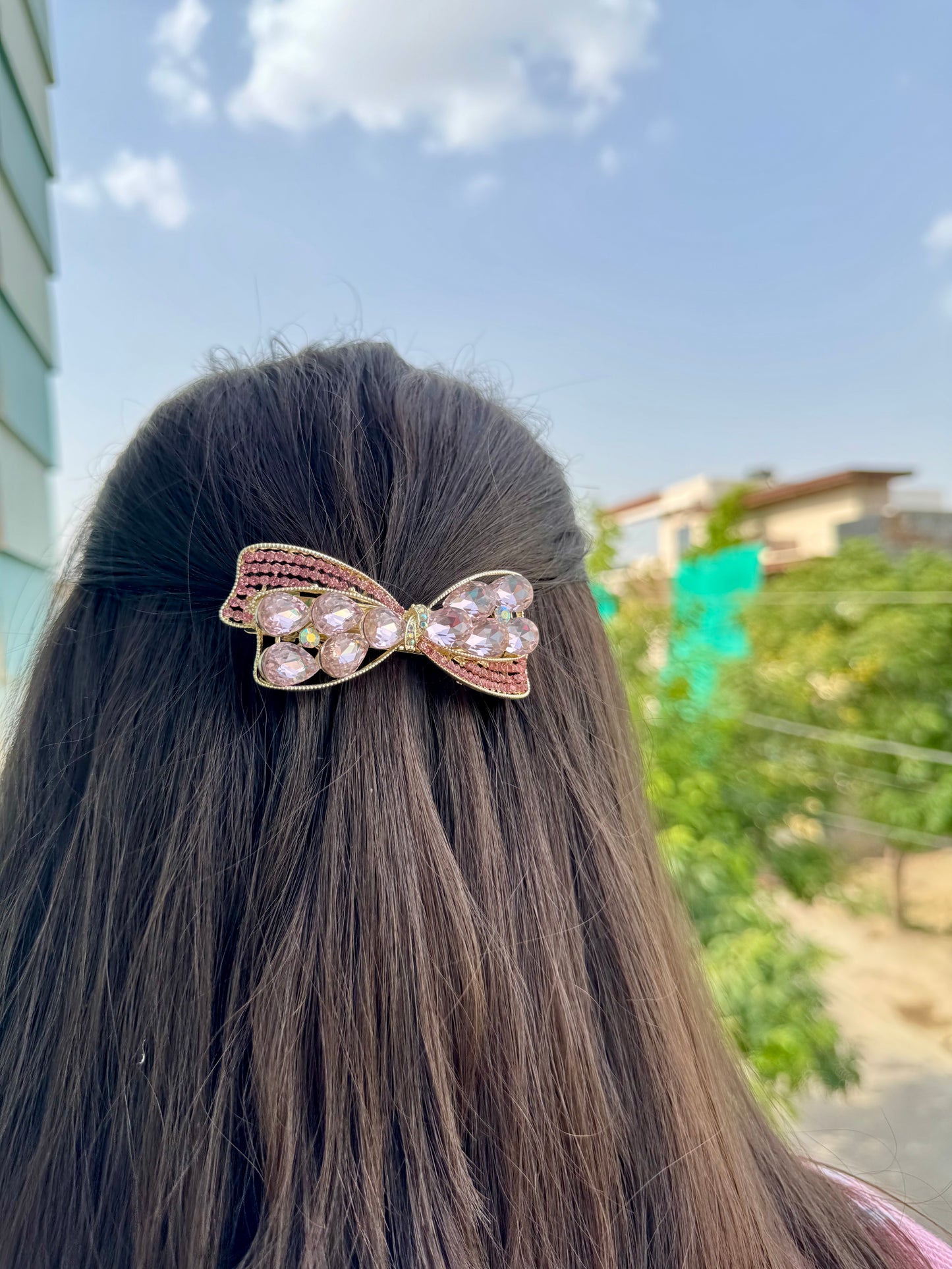 Pink Luxe Crystal Bow Barrette Clip