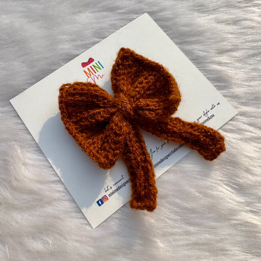 Brown Knitted Tail Bow Hair Clip | Crochet Winter Bow