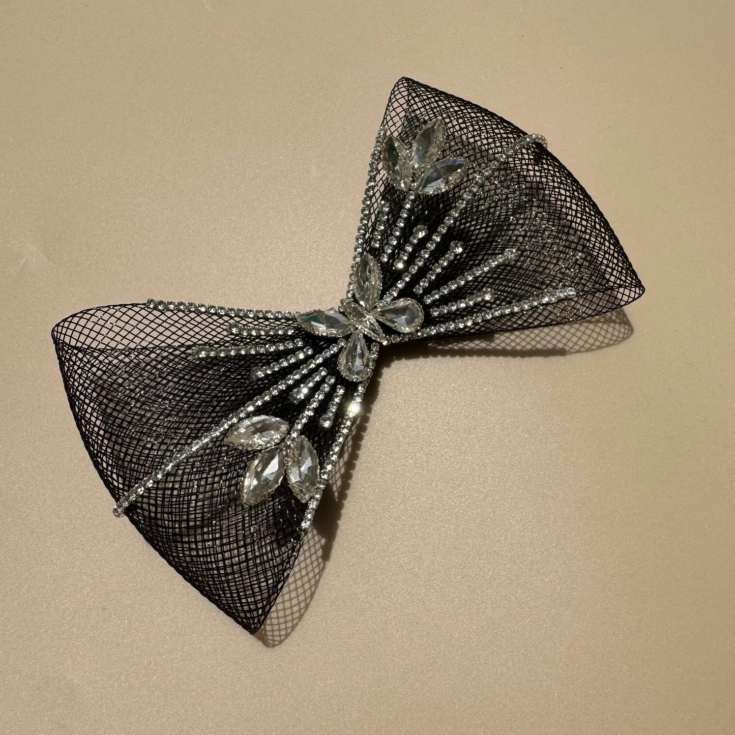 Black Rhinestone Sparkle Mesh Bow Hair Clip