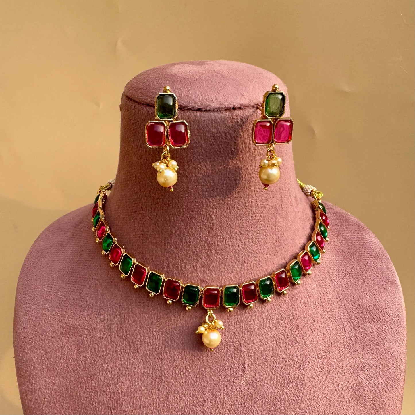 Ruby Green Polki Kundan Choker Necklace & Earring Set