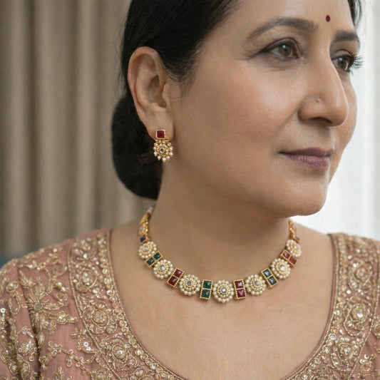 Pearl-Edged Polki Kundan Necklace Set in Gold, Red & Green