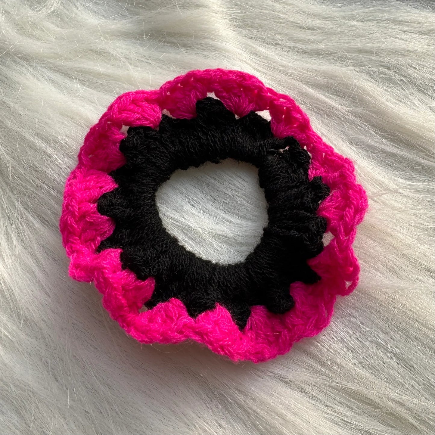 Pink & Black Knitted & Plush Crochet Hair Tie Scrunchie