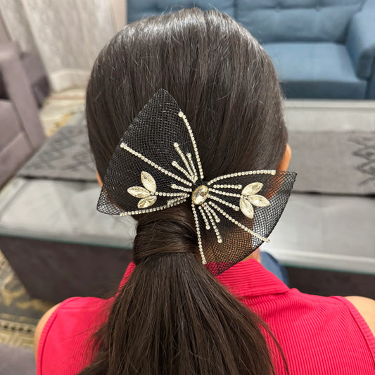 Crystal Bloom Black Mesh Hair Bow Clip