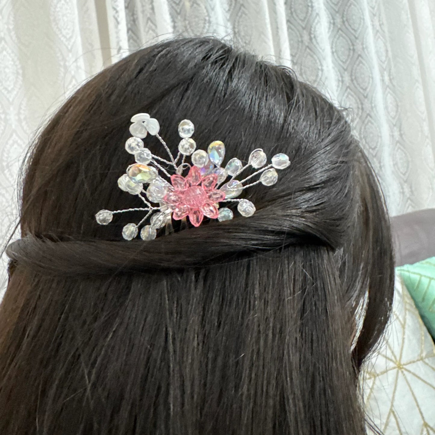 Twinkle Bloom Hairpin | Pink Crystal Floral Hair Accessory 
