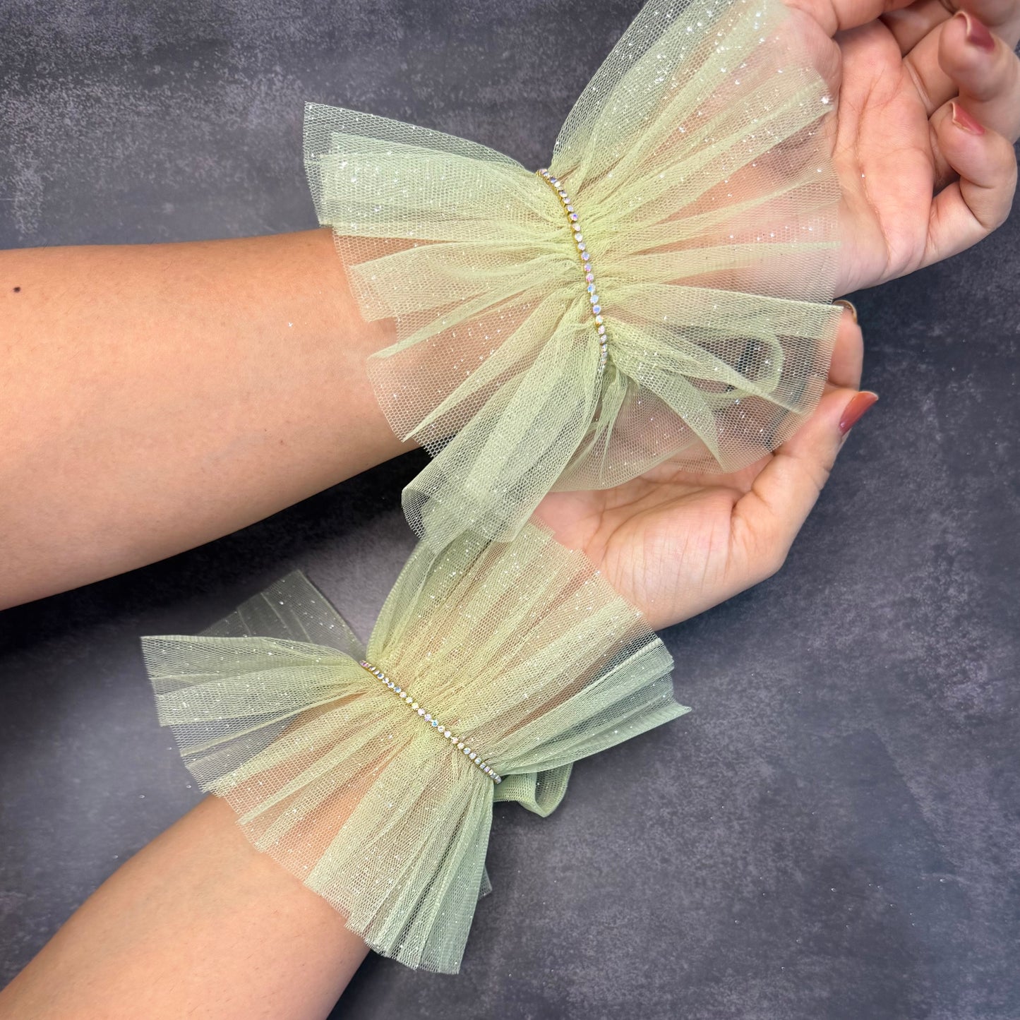 Pastel Green Ruffle Bracelet Cuff Gloves with Rhinestone Detailing