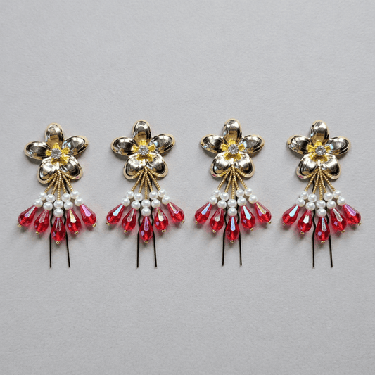 Golden Bloom Ruby Drop Hair Pin Set