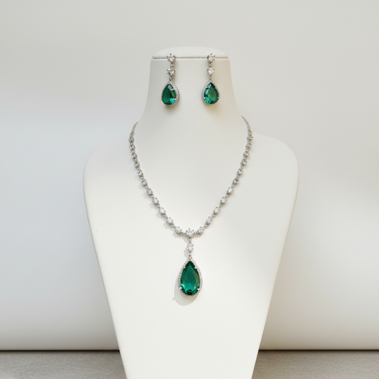 Green Rhodium-Plated American Diamond Jewelry Set