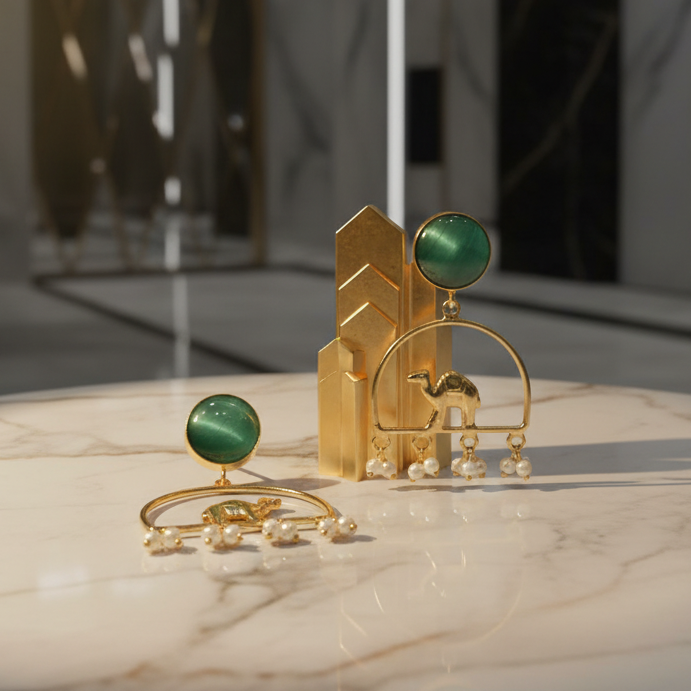 Green Stone Camel Drop Earrings with Pearl Danglers