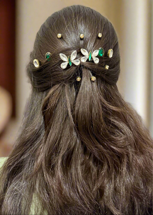 Emerald Butterfly & Crystal Accent Hair Pin Set