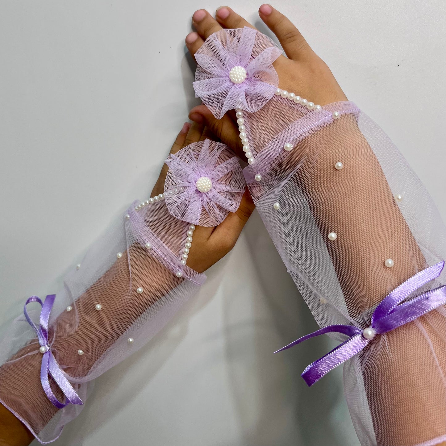 Light Purple Lilac Net Fingerless Gloves for Girls