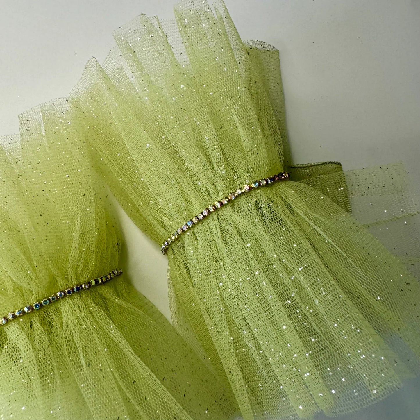 Pastel Green Ruffle Bracelet Cuff Gloves with Rhinestone Detailing