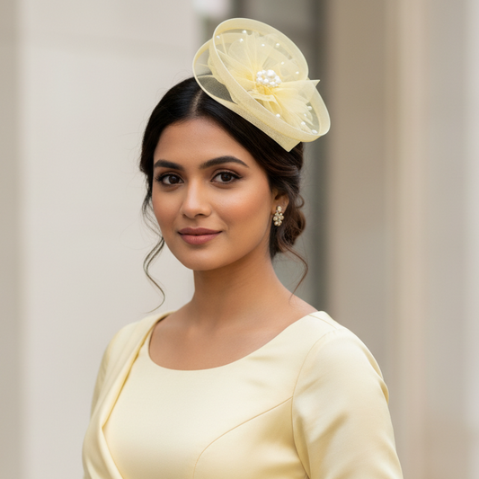 Pastel Yellow Bloom Twisted Fascinator Hat with Pearls