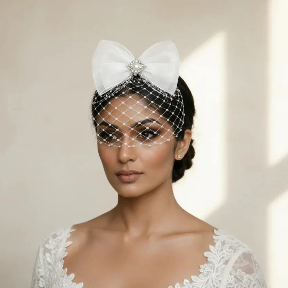 Pearline White Bow Birdcage Veil