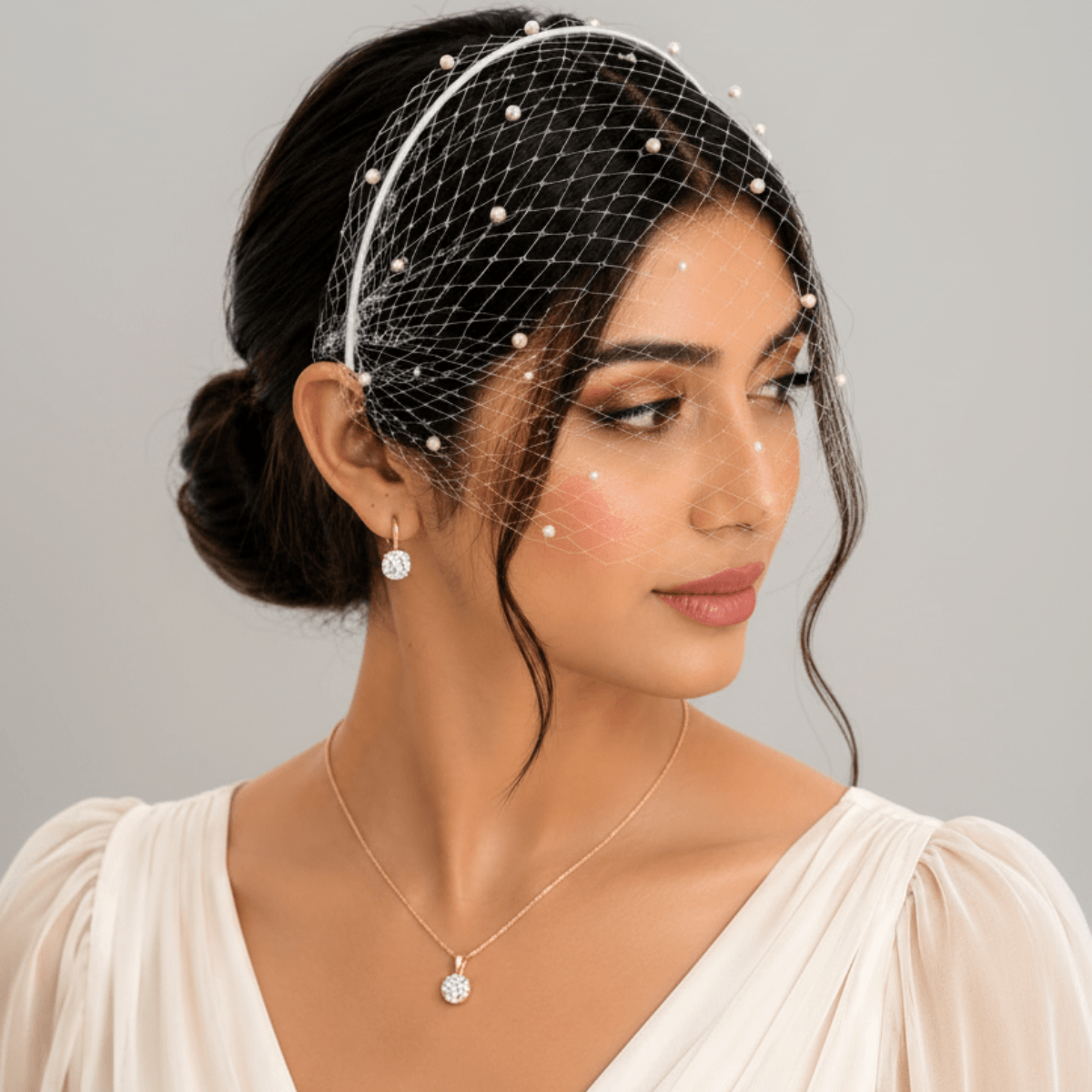 Pearl-Embellished Bridal Headband with Birdcage Veil - White london-ivory-chunky-pearl-  main image 2