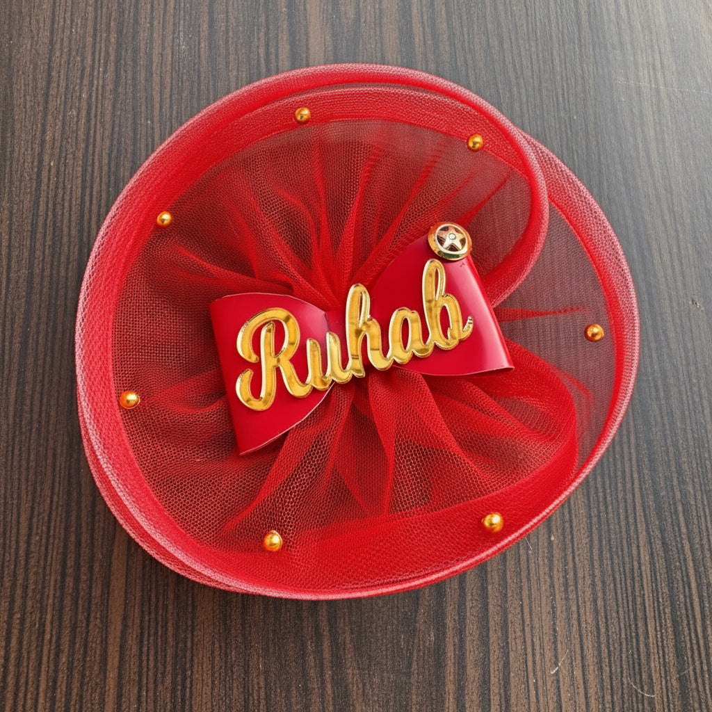 Red Fascinator with Custom Name Bow | Personalized Gift for her