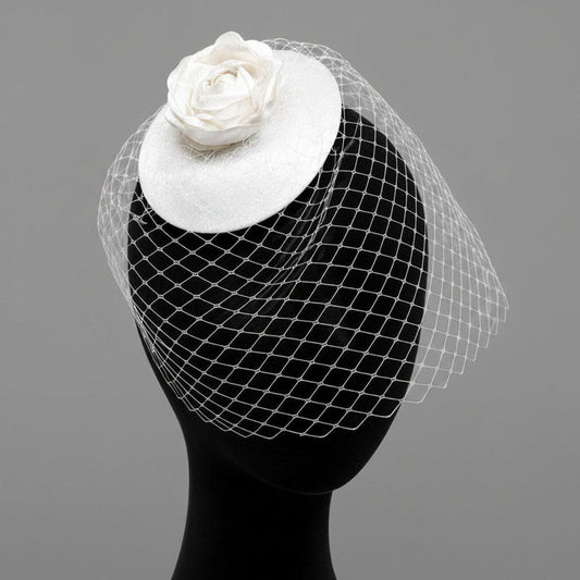 Rosaline White Rose Fascinator with Birdcage Veil