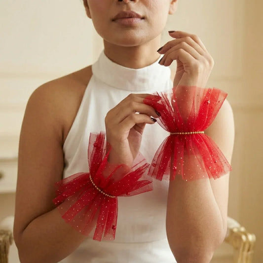 Ruffled Charm Tulle Red Cuff Gloves
