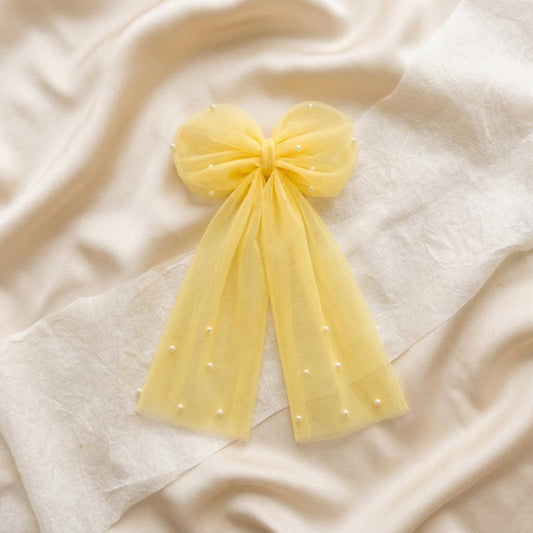 Yellow Tulle Pearl Big Bow Hair Clip