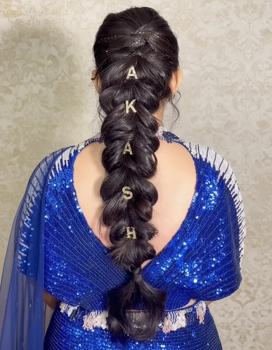 Custom Name Golden Letter Clips in Braid Bridal Hair Style