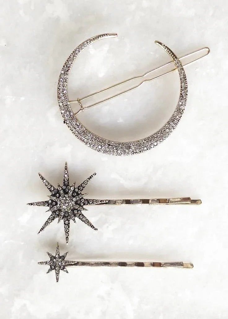 Crystal Moon & Star Hair Pin Set (Set of 3)
