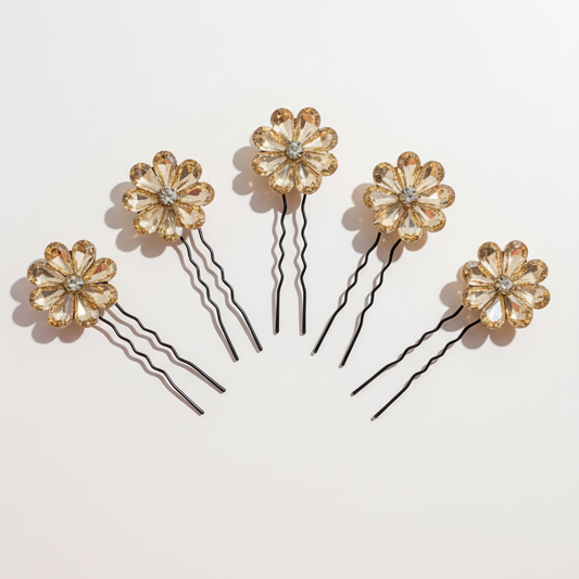 Golden Crystal Flowers Pins - Set of 6