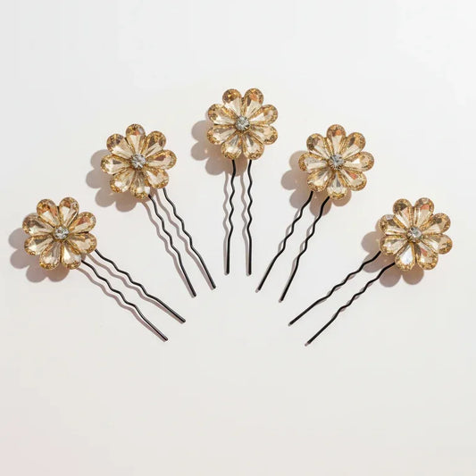 Golden Crystal Flowers Pins - Set of 6