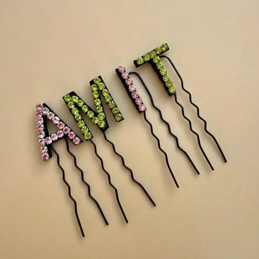 Custom Name Dual Color Crystal Letter Hair Pins – Pastel Pink & Green