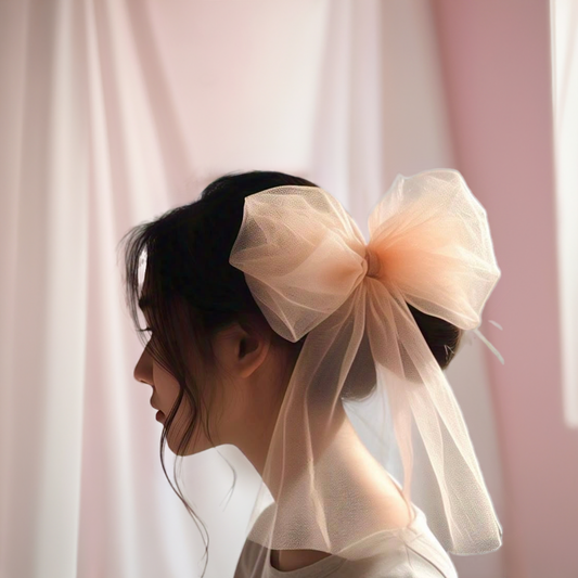 Peach Tulle Big Bow Hair Clip