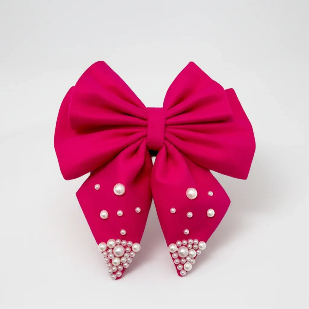 Pink Big Pigtail Hair Bow with pearls