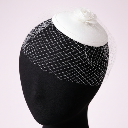 Rosaline White Rose Fascinator with Birdcage Veil