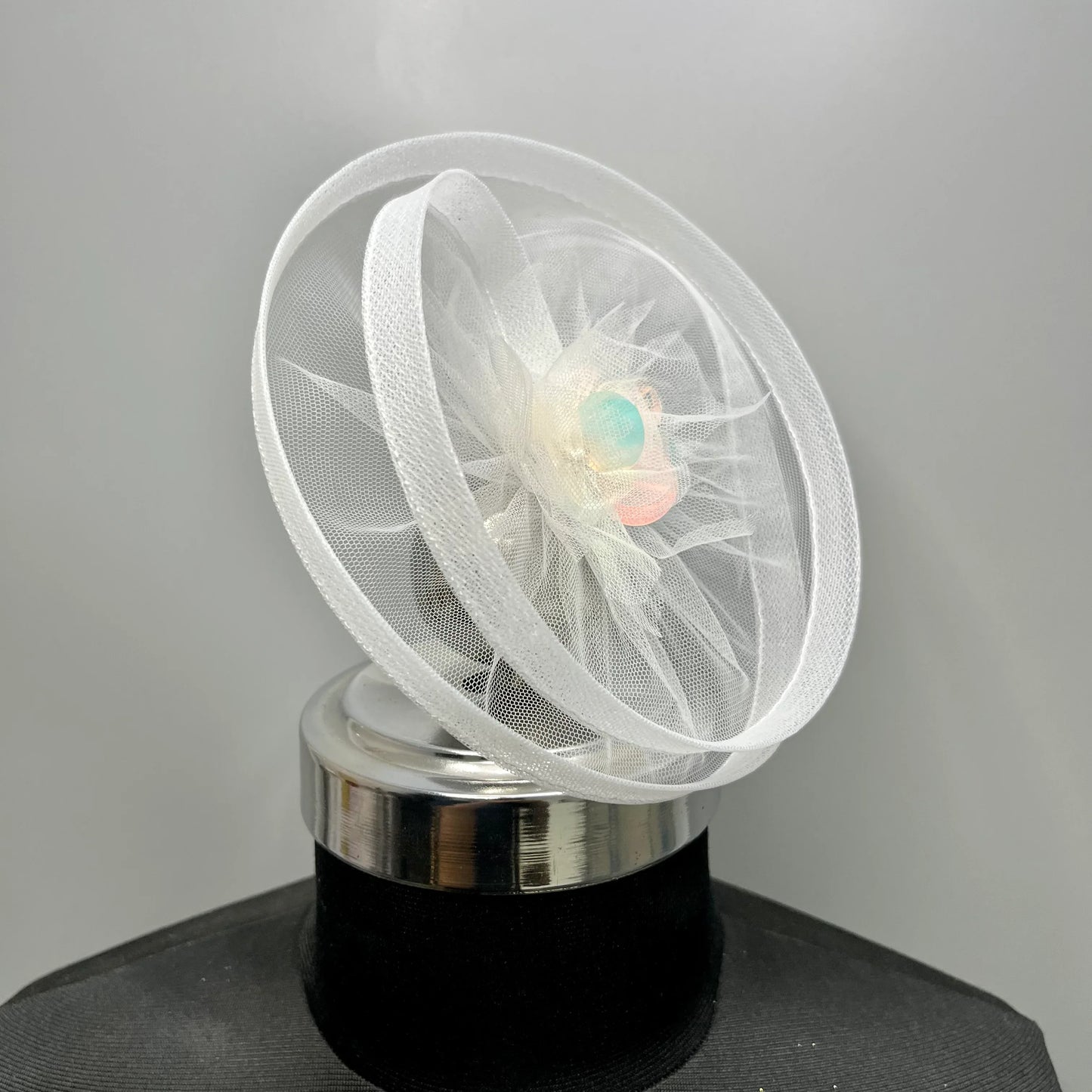 Twisted White Fascinator with Holographic flower | Designer hair accessory
