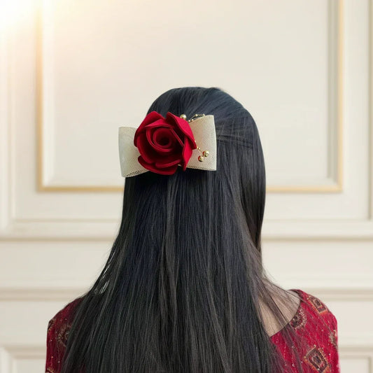 Red Rose with Golden Bow Hair Clip
