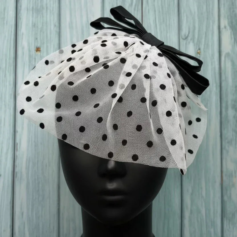 White & Black Polka Dots Veil with black ribbon bow