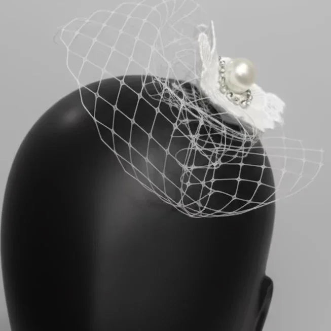 White Bridal Pearl Birdcage Veil