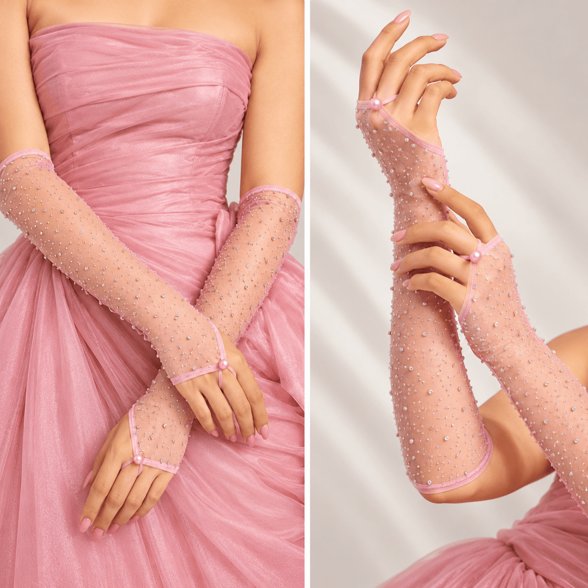 Rhinestone Fingerless Gloves - Blush Pink